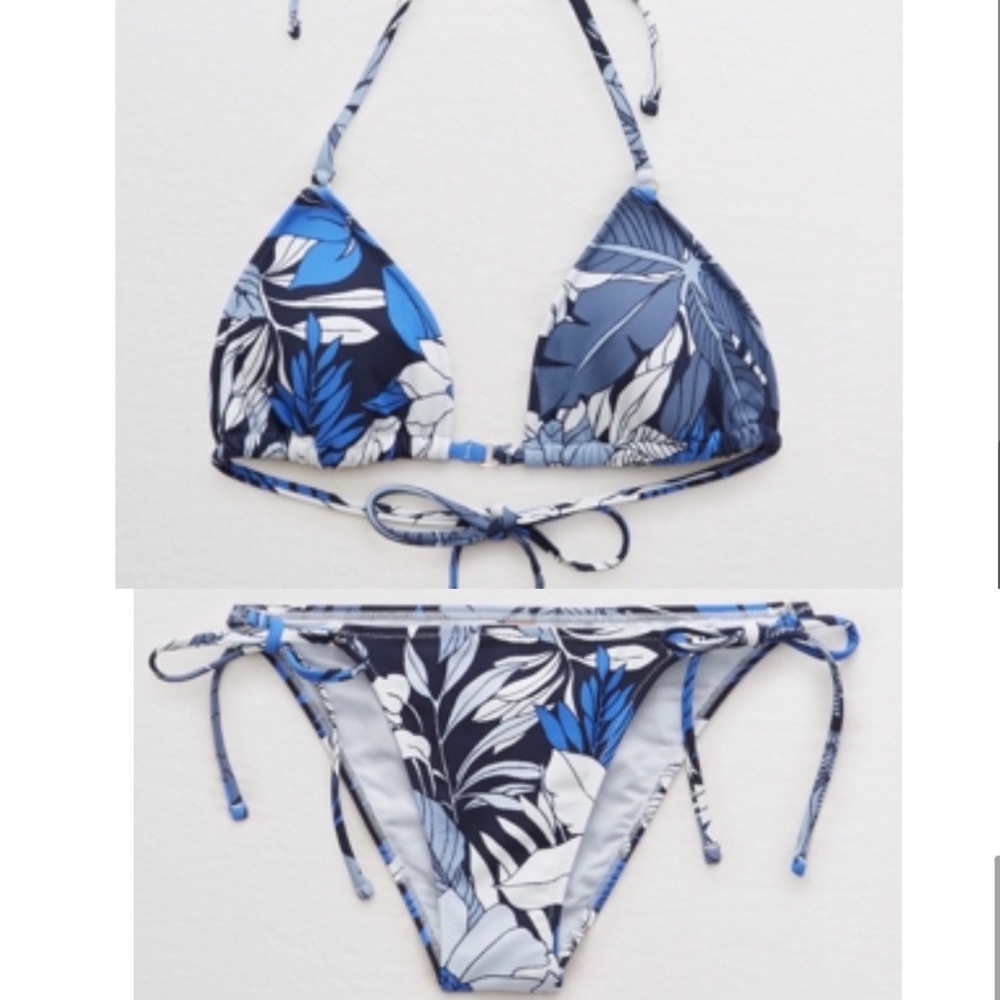 aerie Blue and White Floral Triangle Bikini
